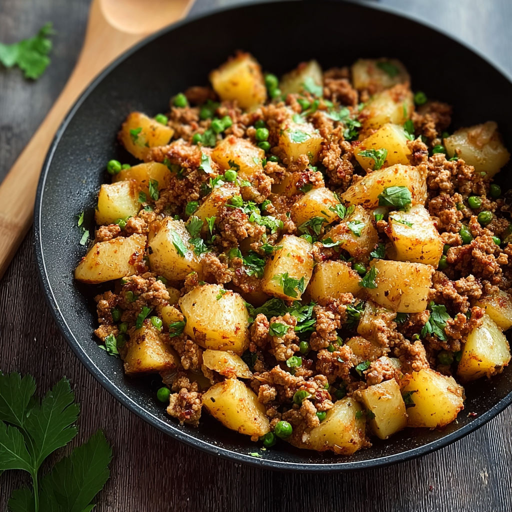 A skillet full of ground turkey and potatoes.
