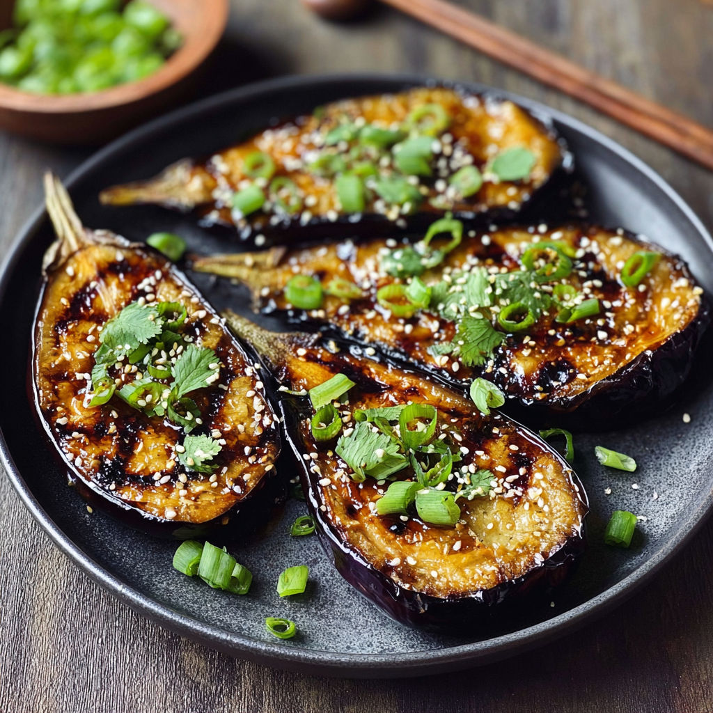 Grilled eggplant with miso glaze and sesame seeds.