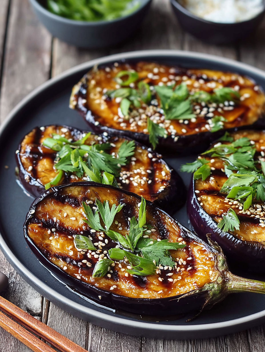 Grilled eggplant with sesame seeds.