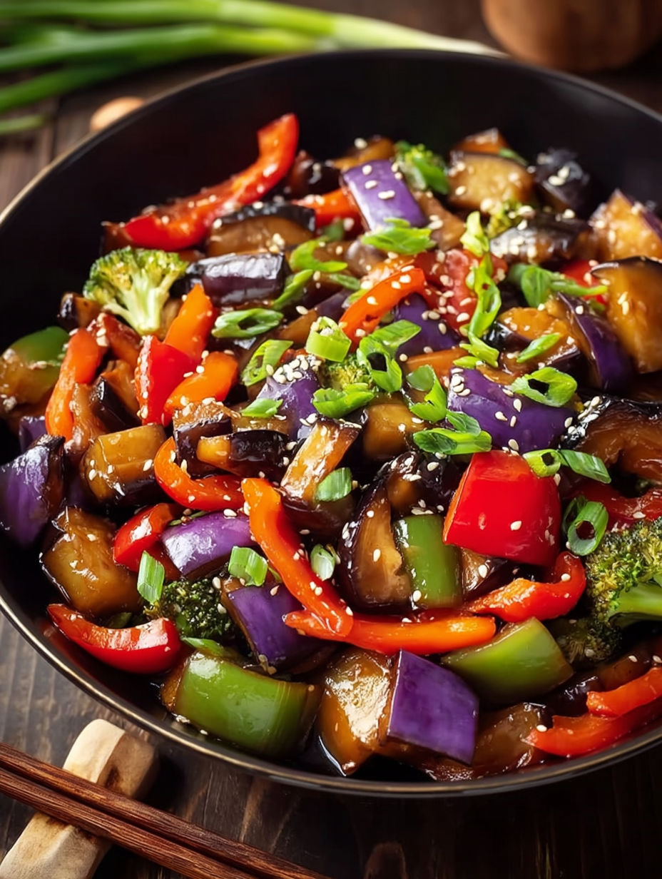 A bowl of stir fry with eggplant, peppers, and broccoli.