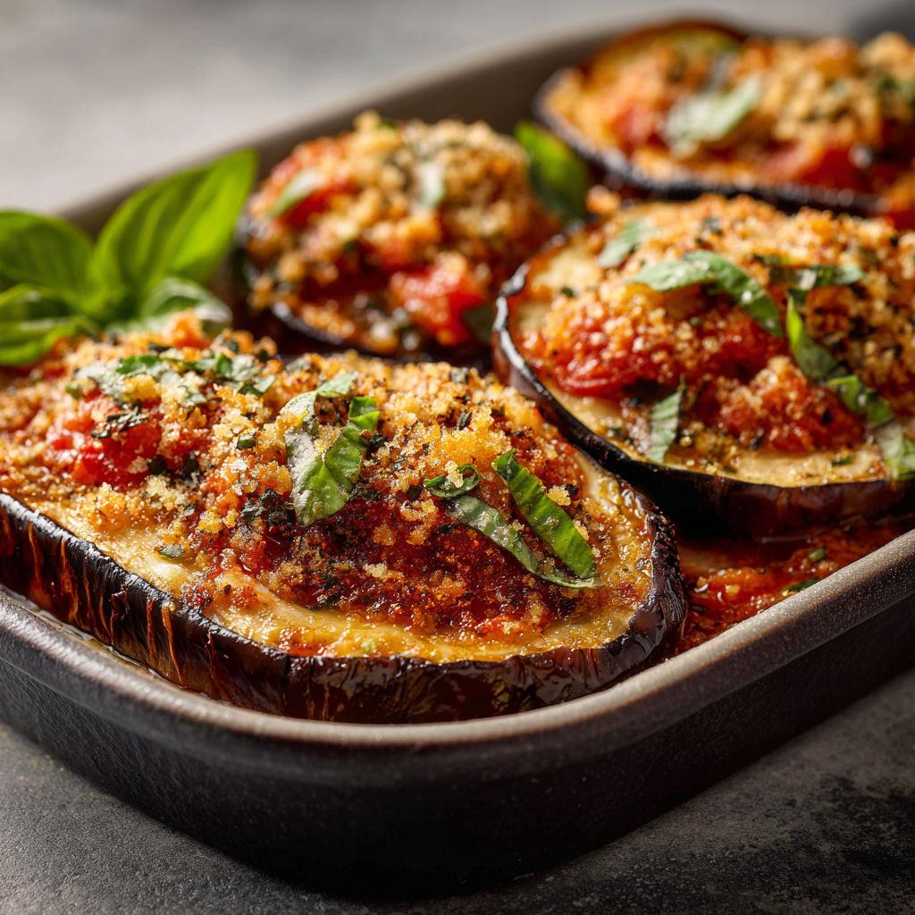 A pan of eggplant with tomatoes and basil.