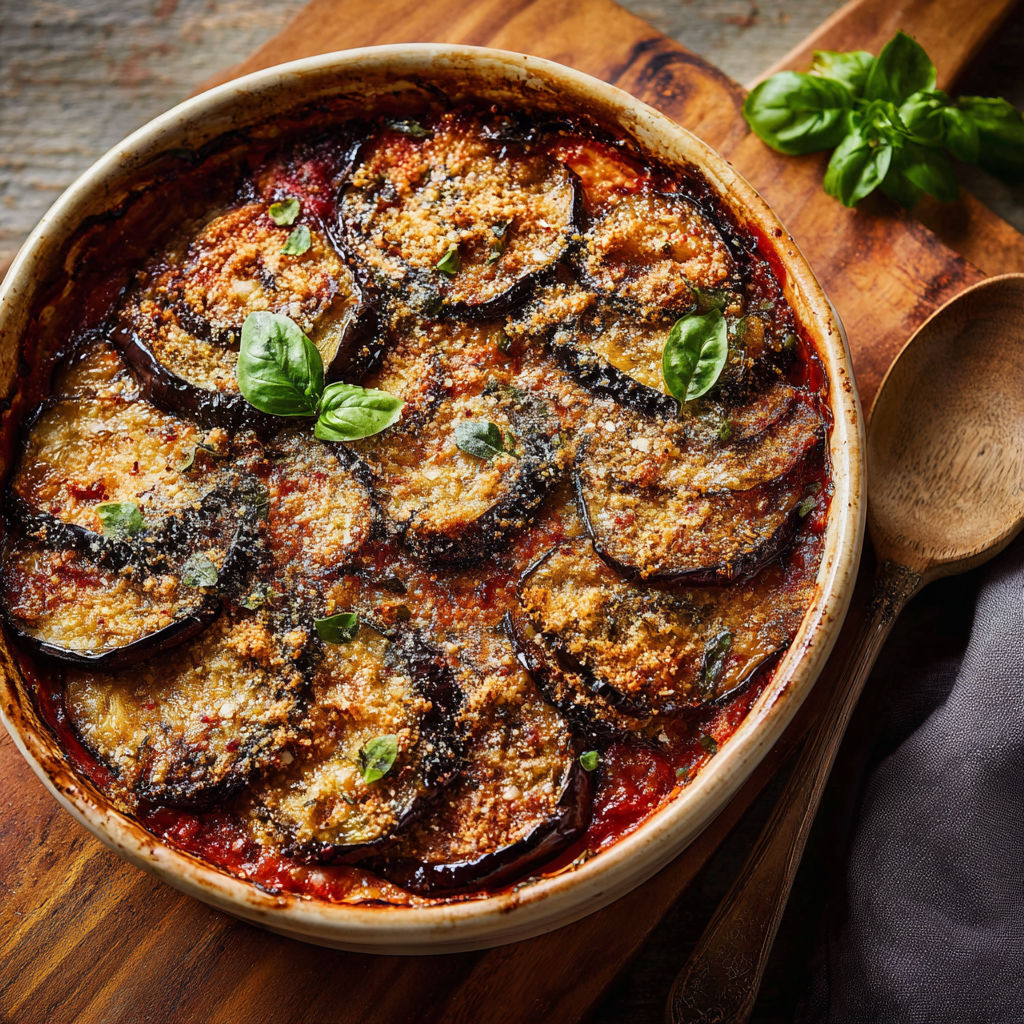 A dish of eggplant with basil leaves on top.