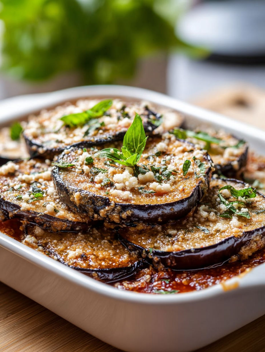 A dish of eggplant with cheese and herbs.