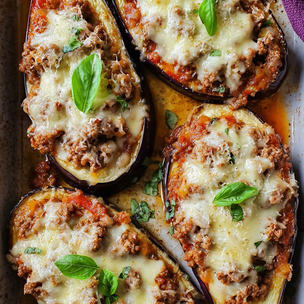 A dish of baked eggplant with meat and cheese.