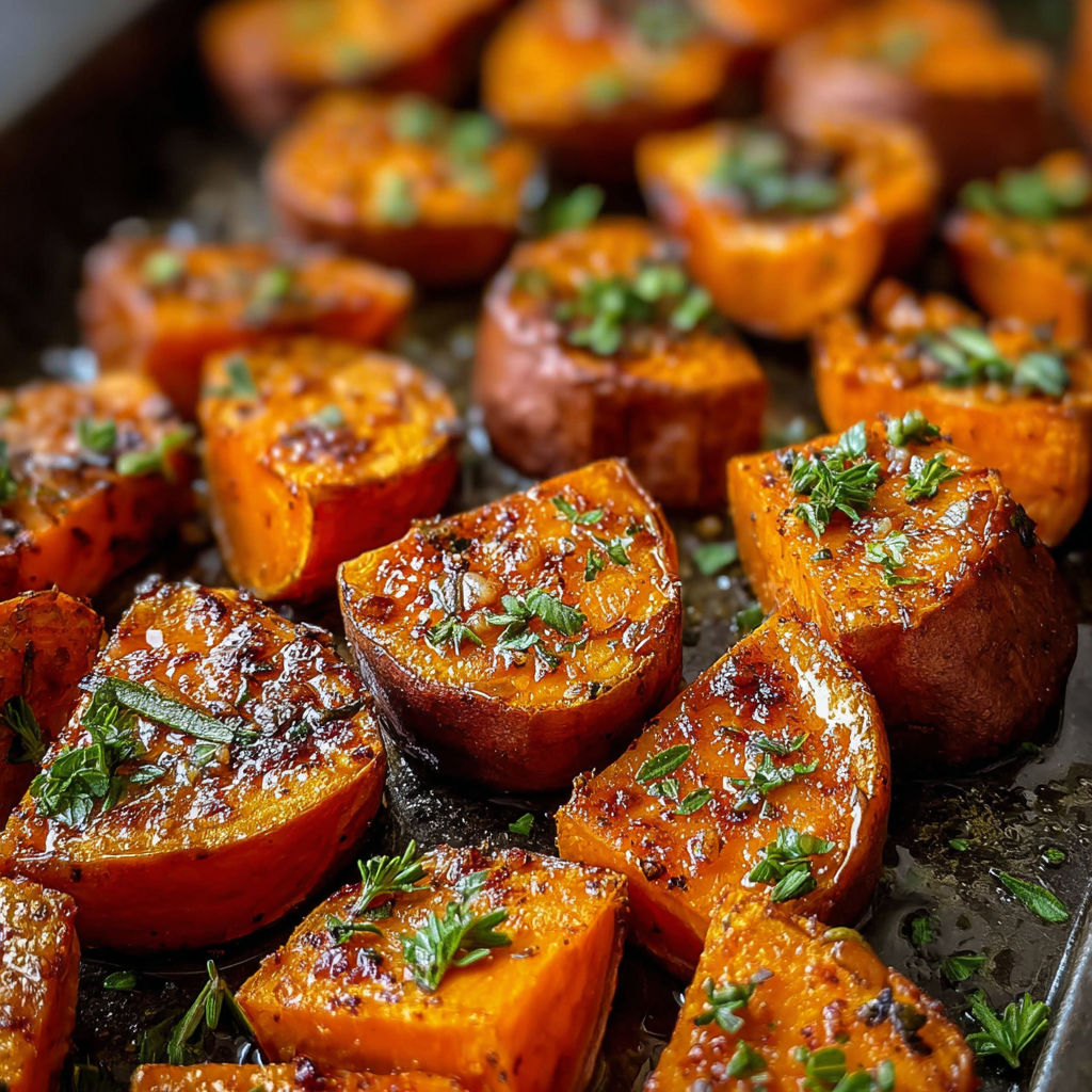 Sweet potatoes with garlic butter and herbs.