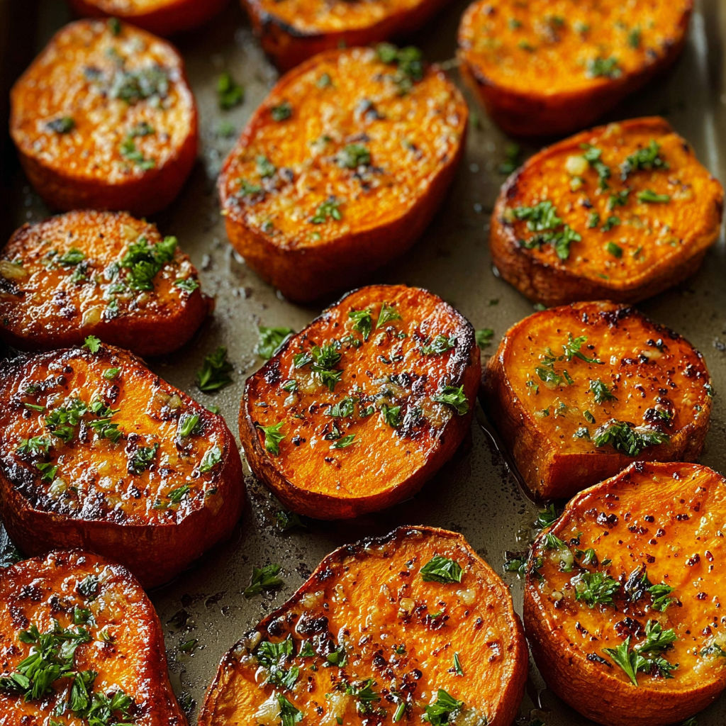 Sweet potatoes with garlic butter and herbs.