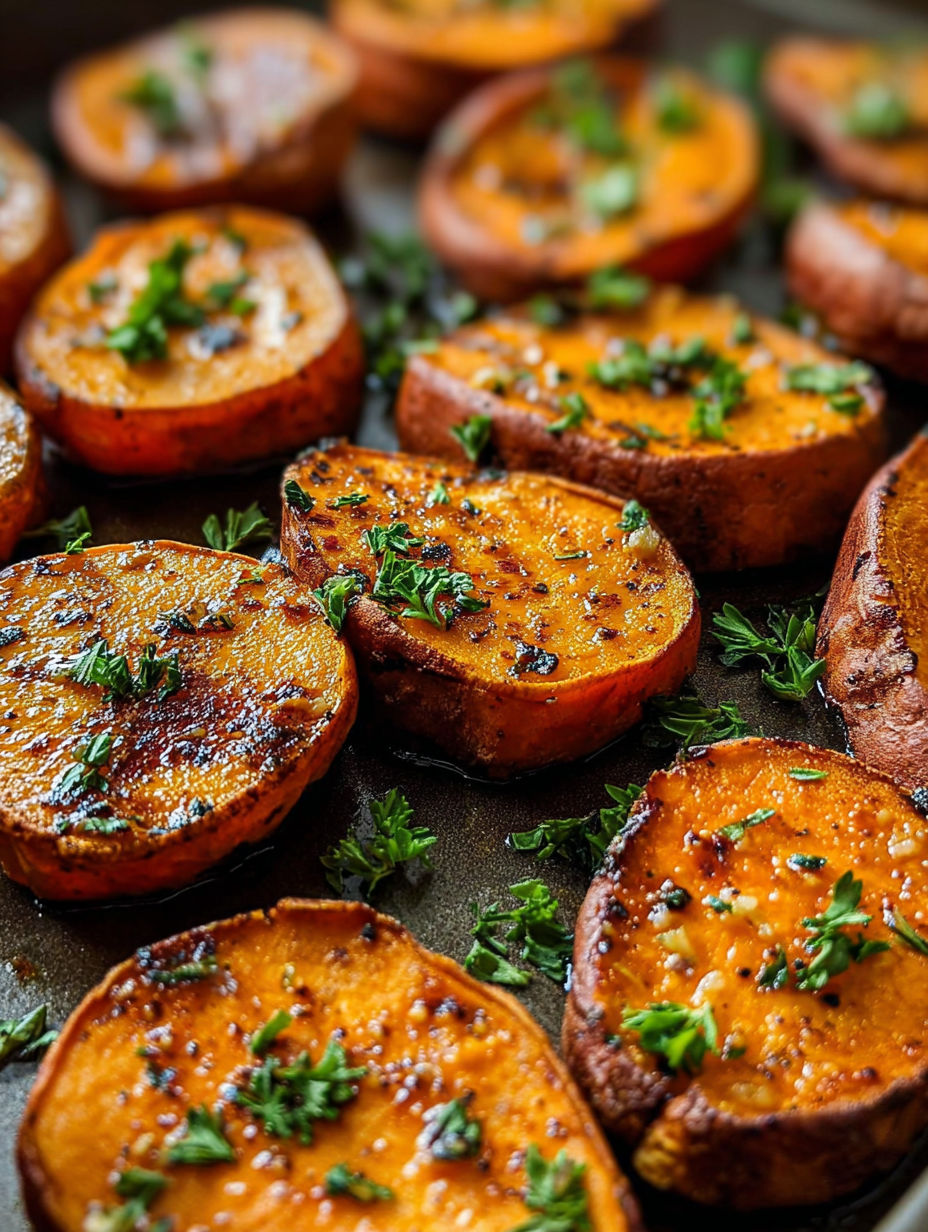Sweet potatoes with garlic butter and herbs.