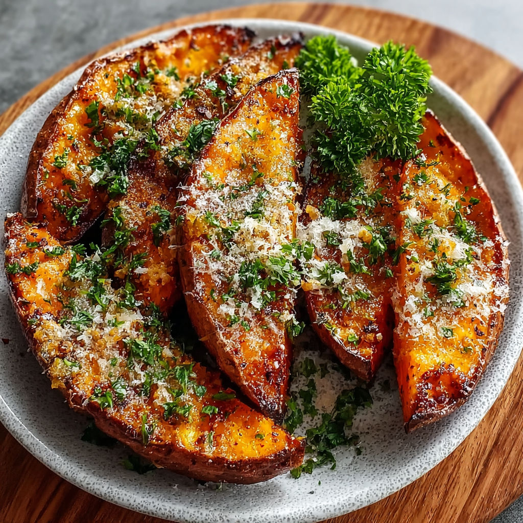 A plate of garlic Parmesan sweet potato wedges.