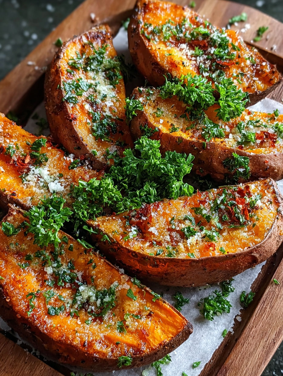 Sweet potato wedges with garlic and Parmesan cheese.