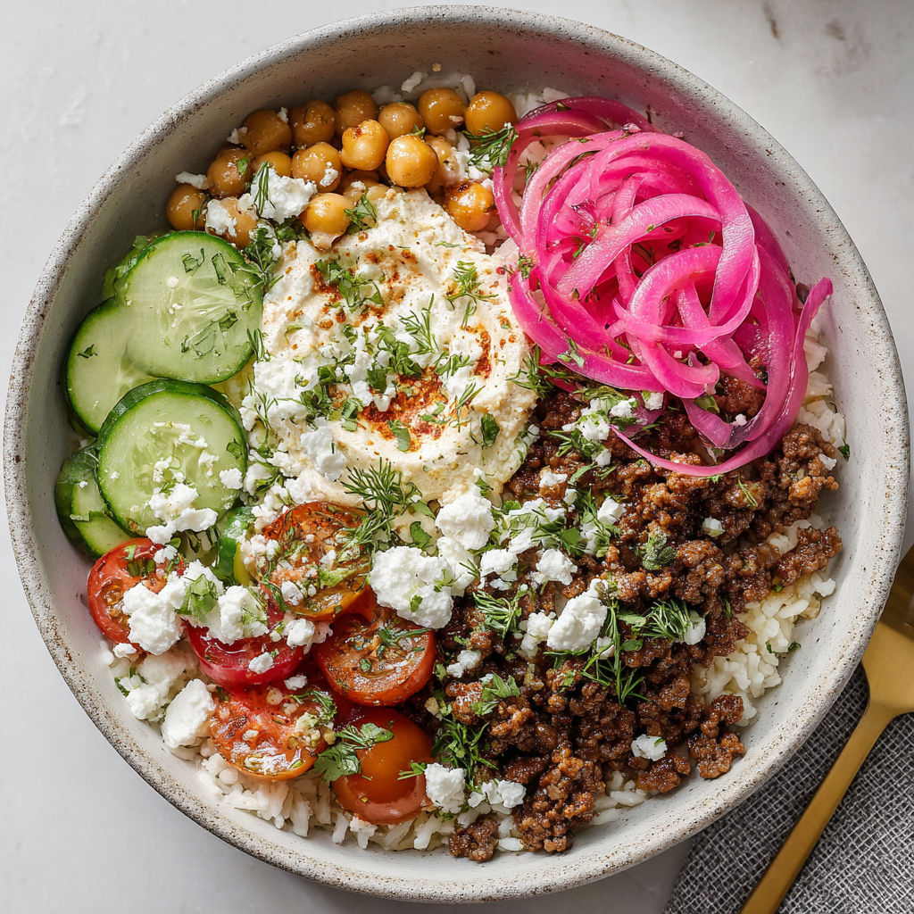 A bowl of food with rice, beans, tomatoes, cucumbers, and onions.