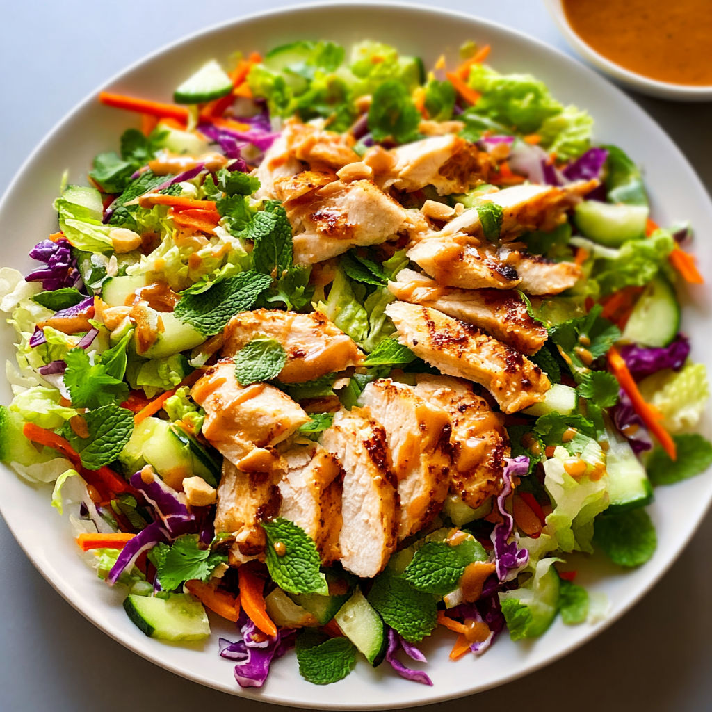 A plate of crunchy Thai chicken salad with peanut dressing.