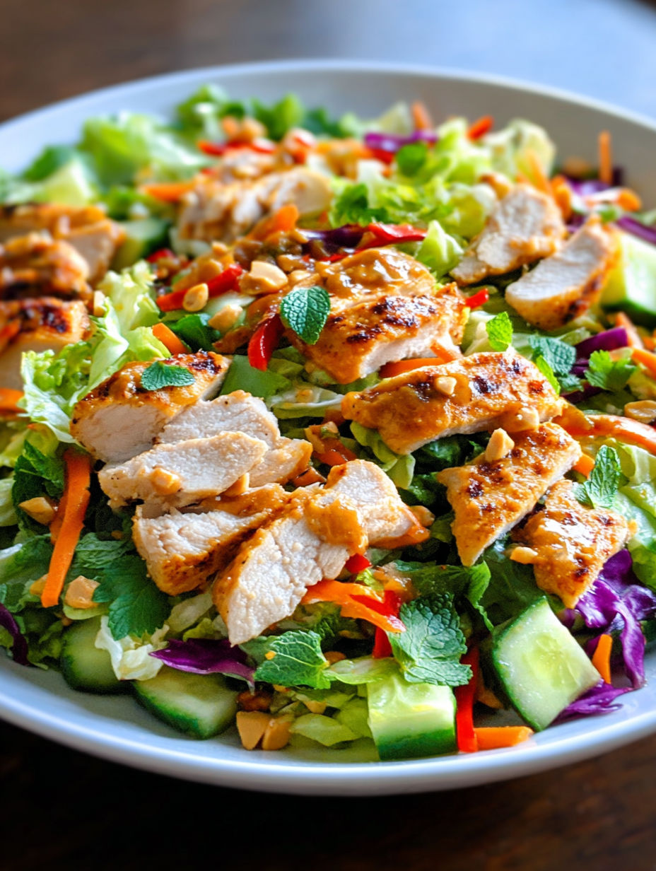 A plate of crunchy Thai chicken salad with peanut dressing.