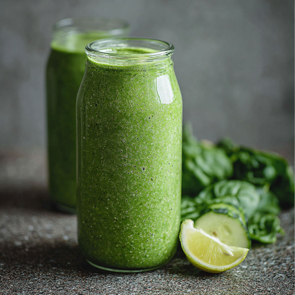A glass of green smoothie with a lemon wedge on the side.