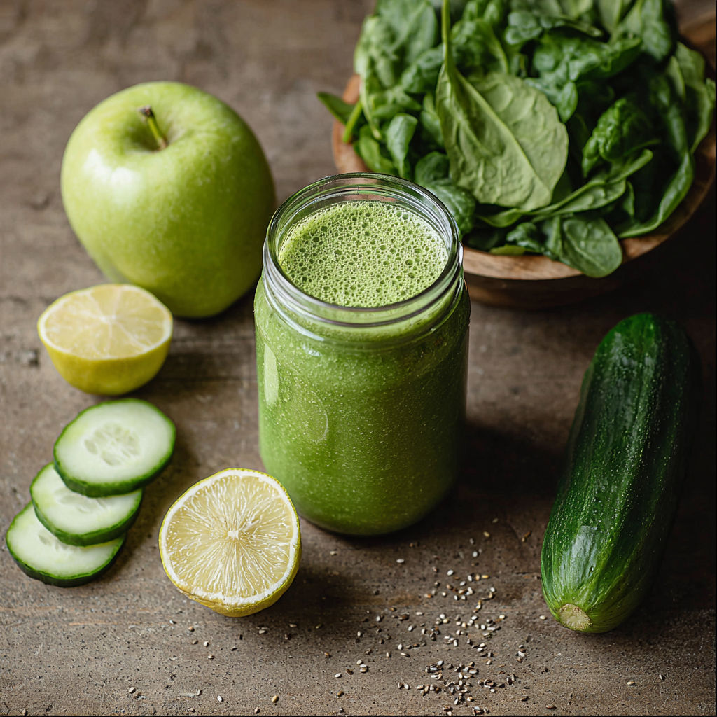 A green smoothie with a cucumber, lemon, and spinach.
