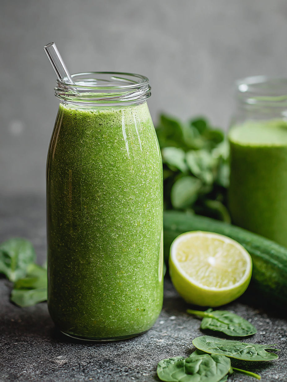 A glass of green smoothie with a straw in it.