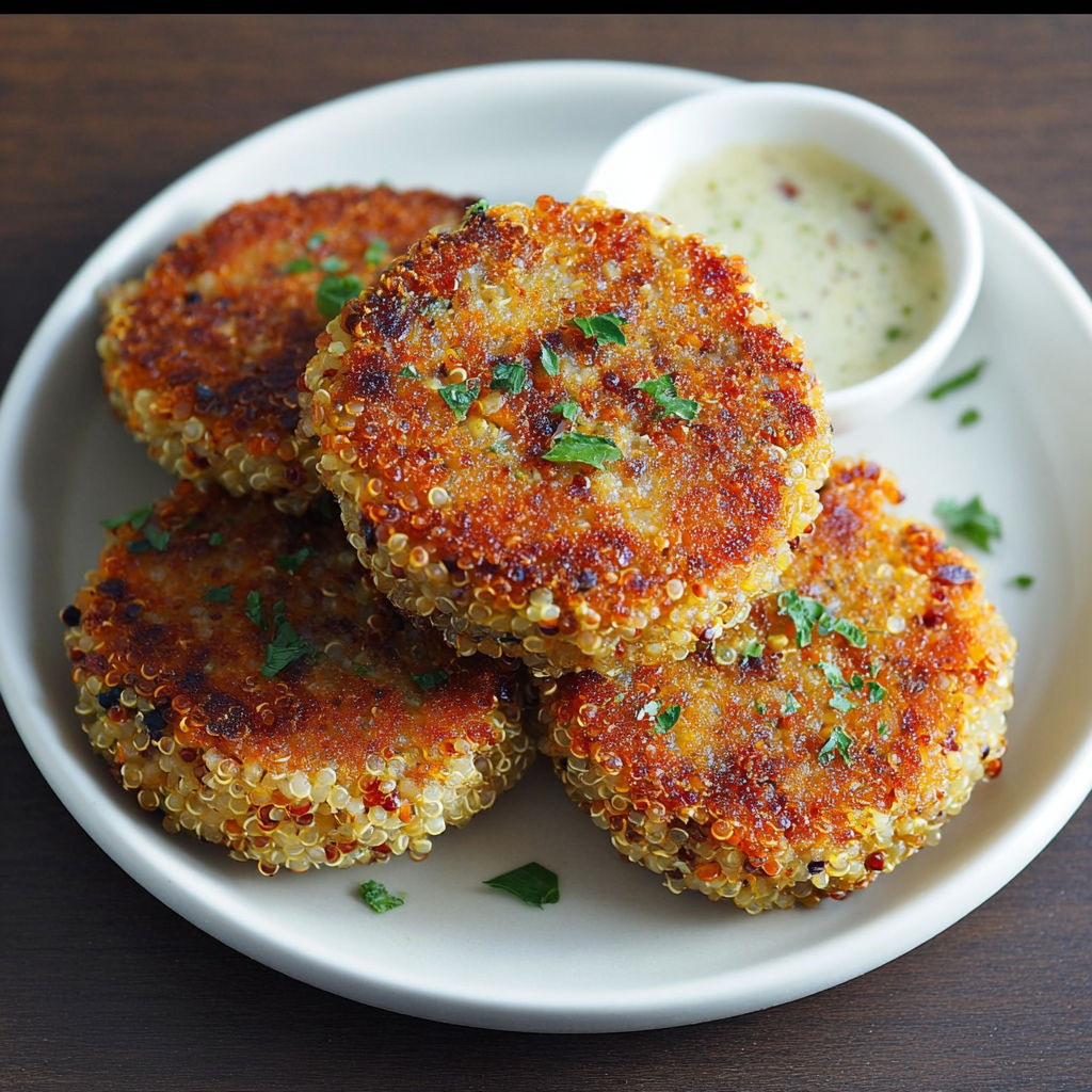 A plate of quinoa patties with sauce.