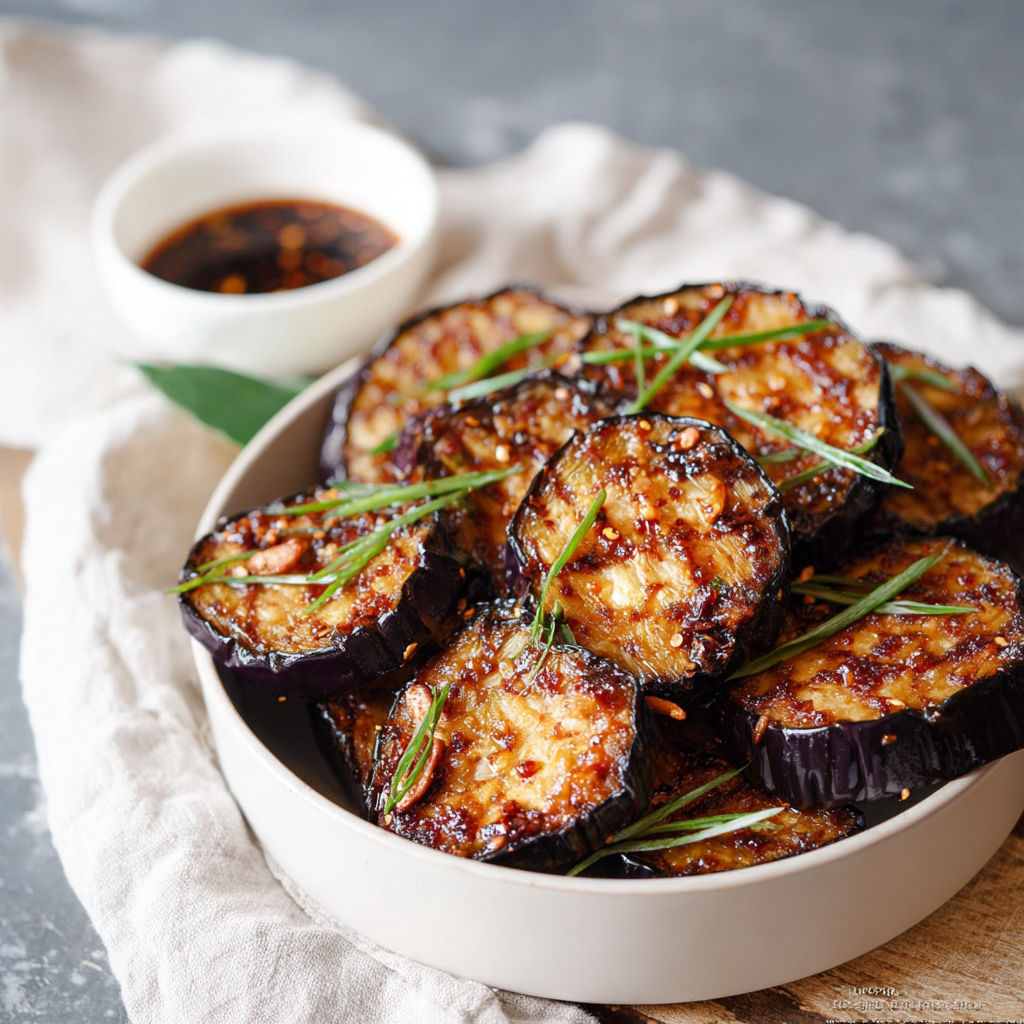 A bowl of eggplant with sauce.