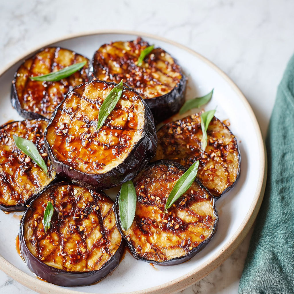 A plate of air fryer eggplant with sauce.