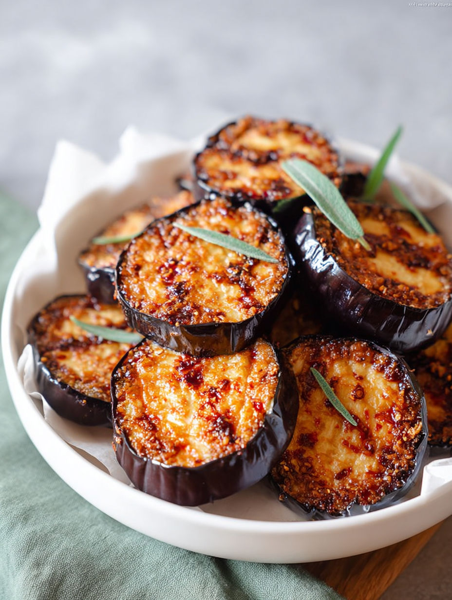 A plate of air fryer eggplant with seasoning.