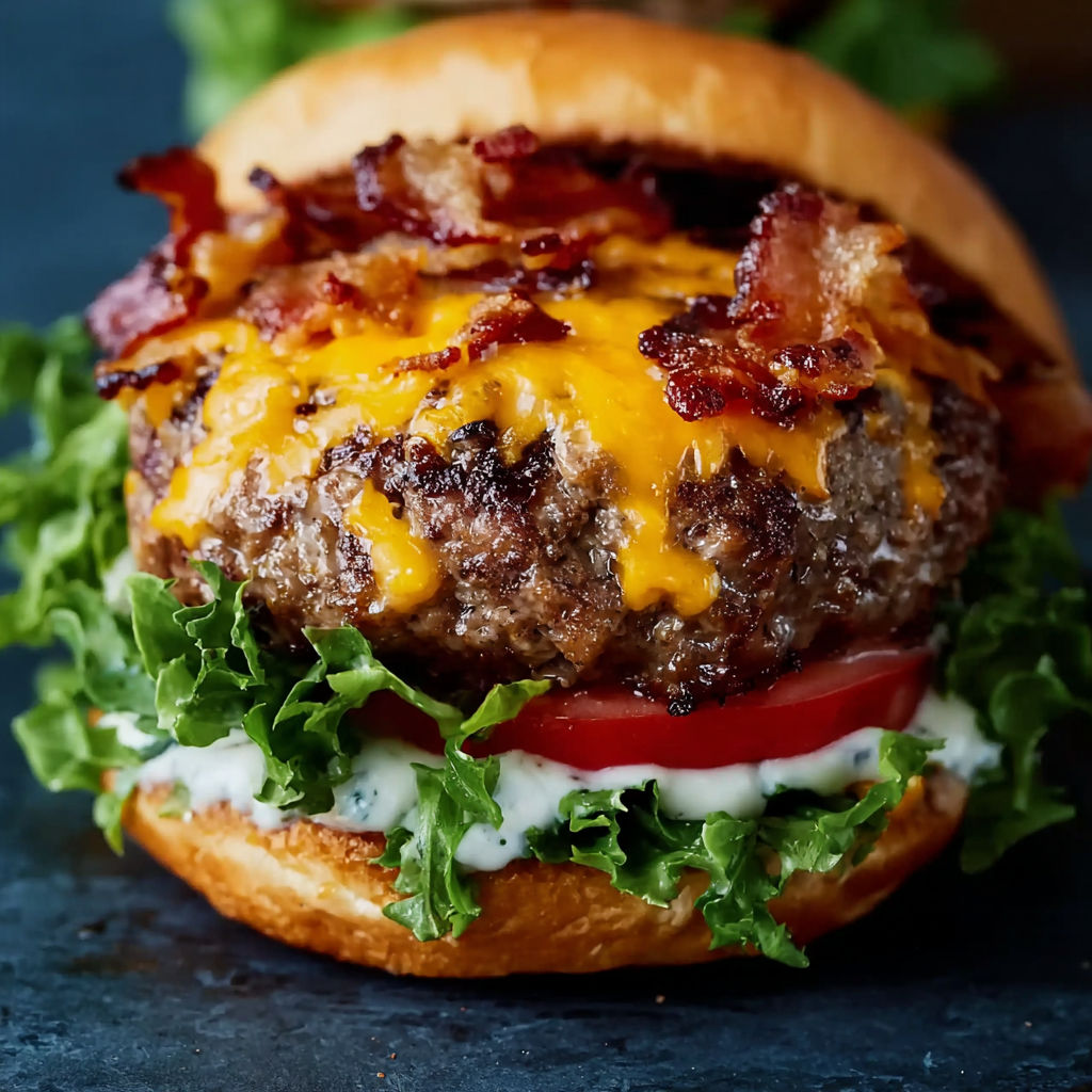 A burger with bacon and cheese.