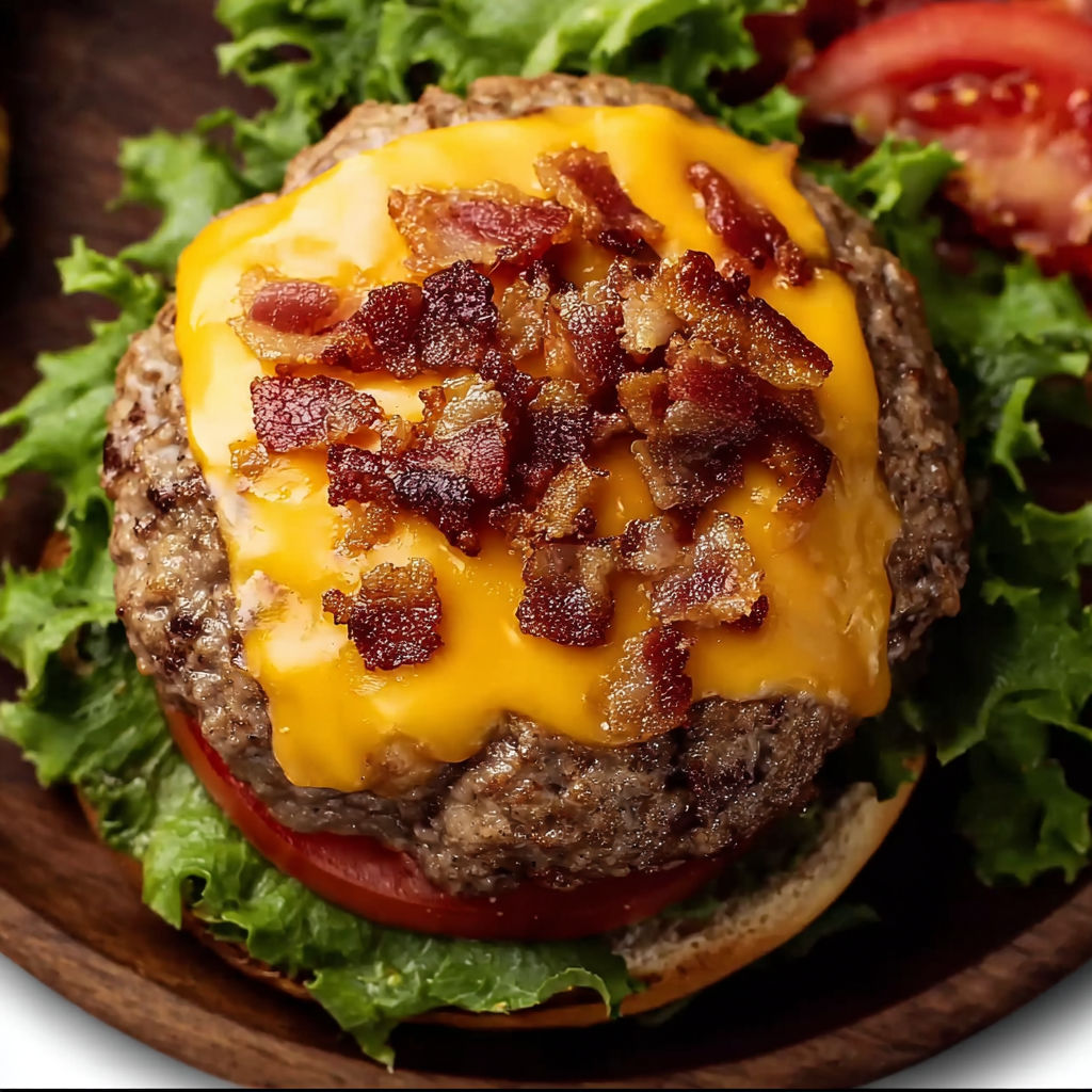A burger with bacon and cheese.