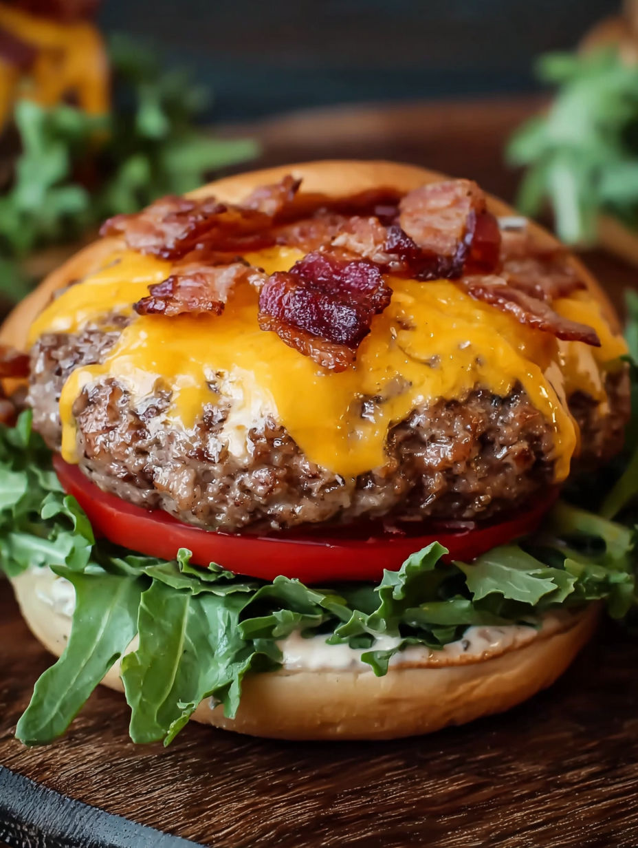 A burger with bacon and lettuce on top.