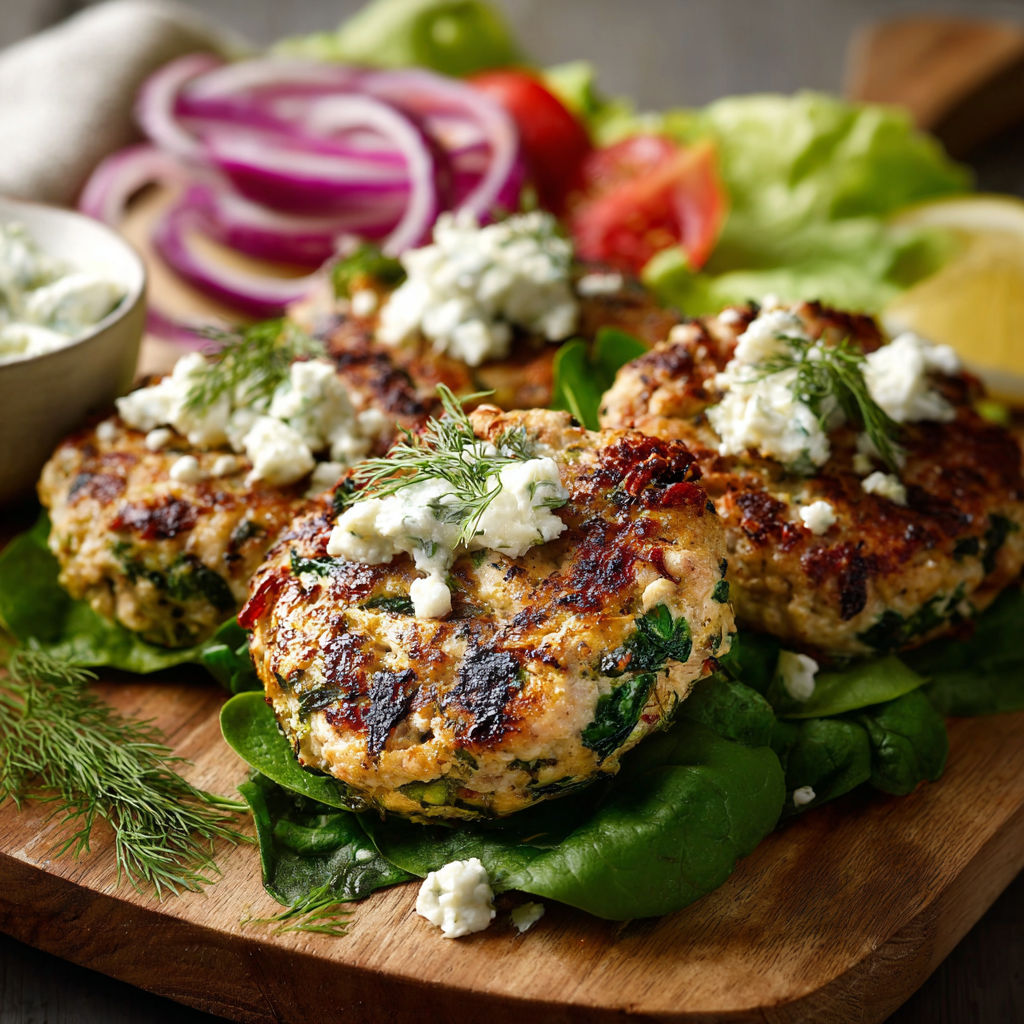A plate of Greek chicken burgers with blue cheese and tomatoes.