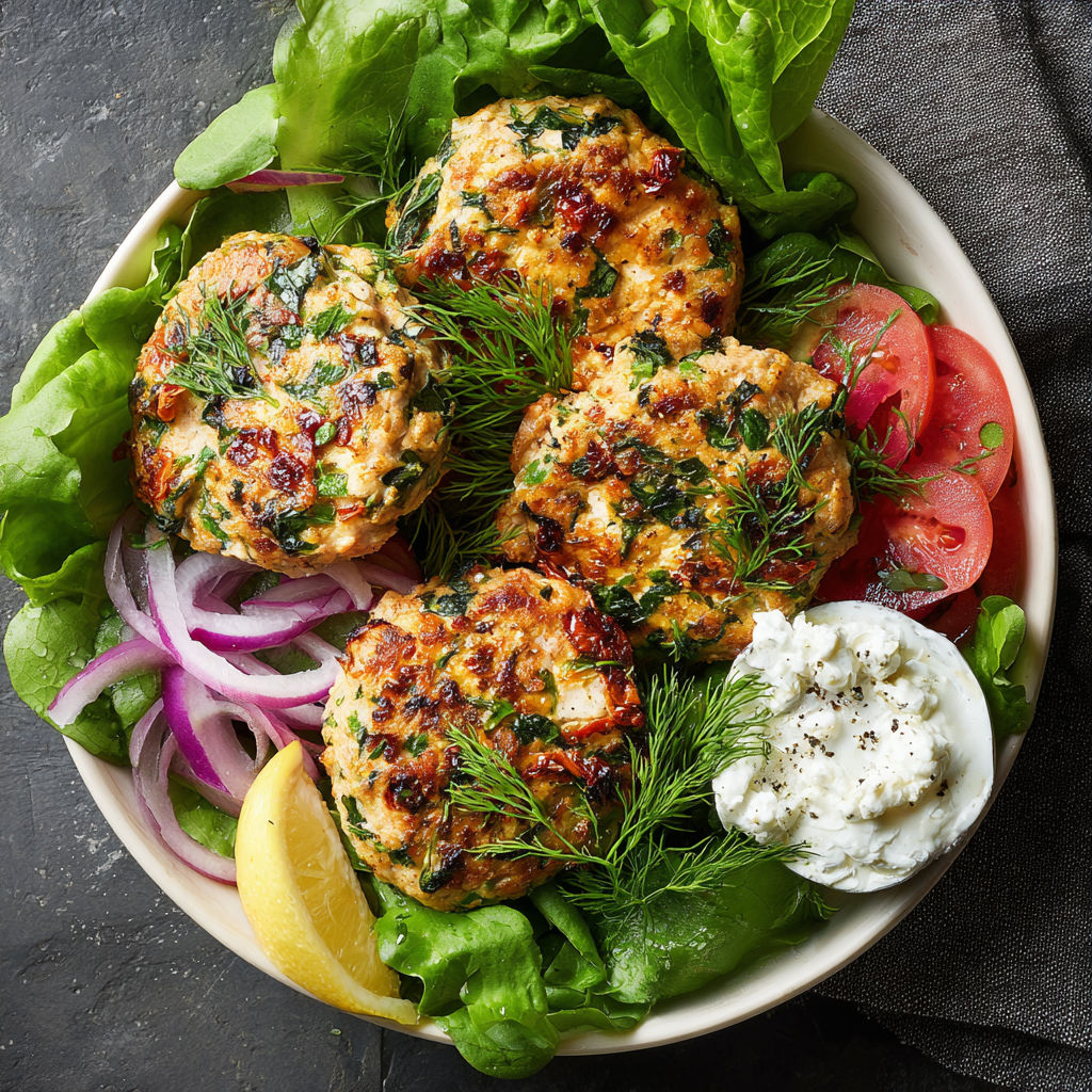 A bowl of Greek chicken burgers with lettuce and onions.