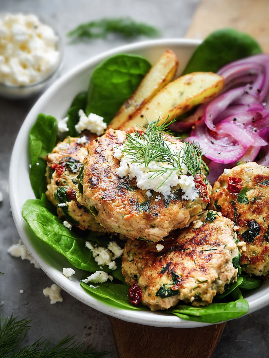 A bowl of Greek chicken burgers with onions and greens.