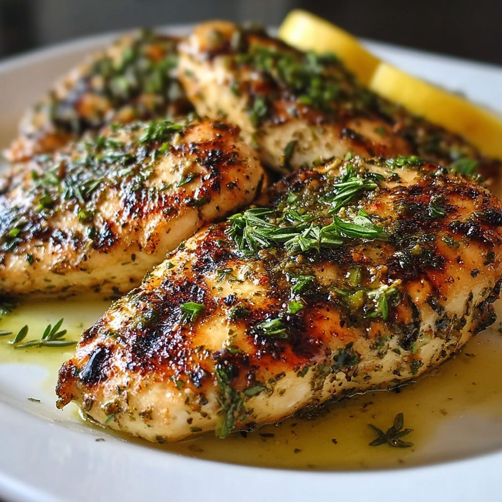 A plate of grilled chicken with herbs on it.