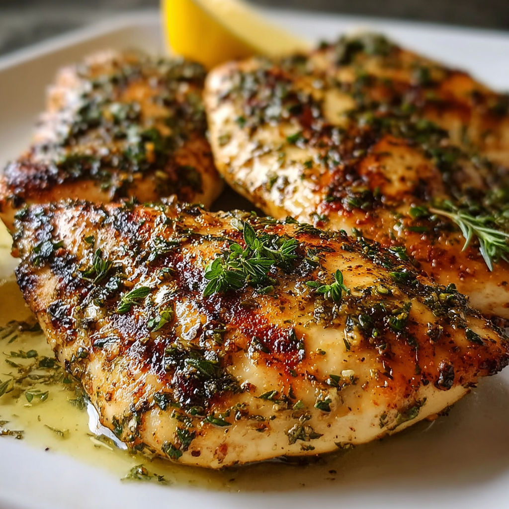 A plate of grilled chicken with herbs on top.