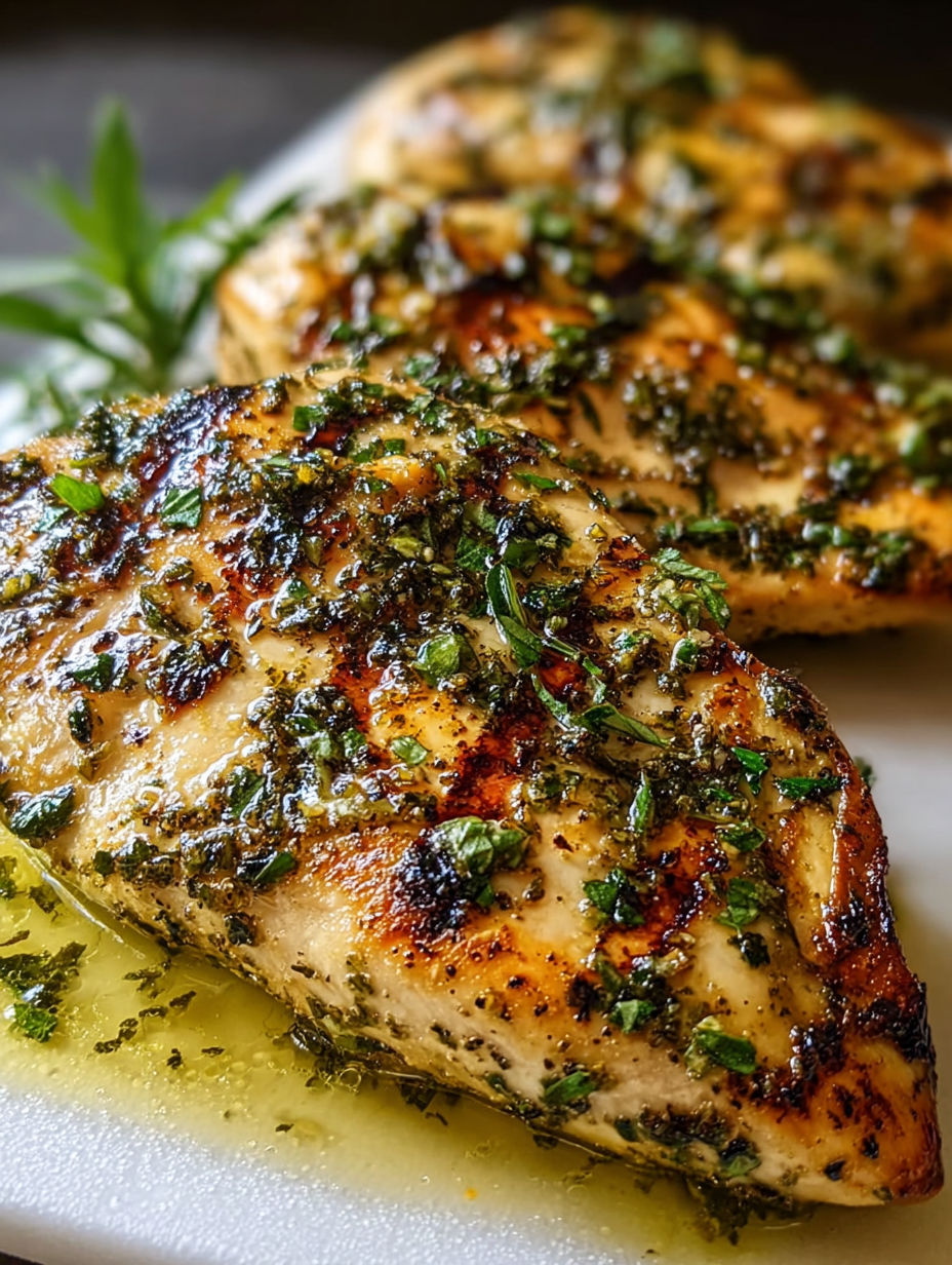 A close up of grilled chicken with herbs on top.