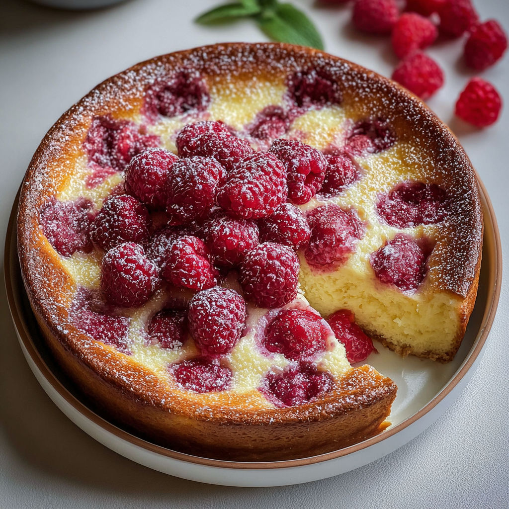 A slice of clafoutis framboises facile.