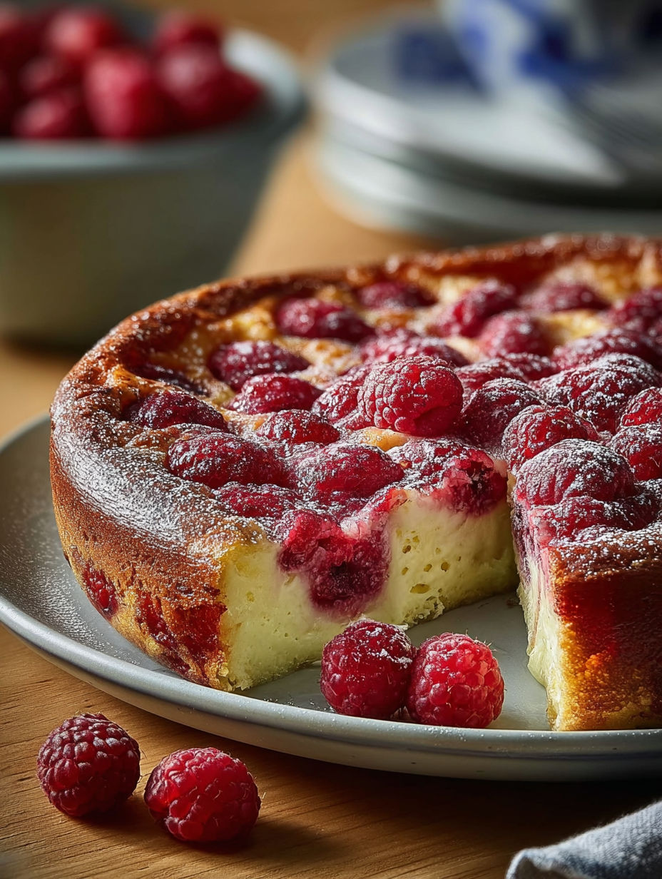 A slice of clafoutis framboises facile.