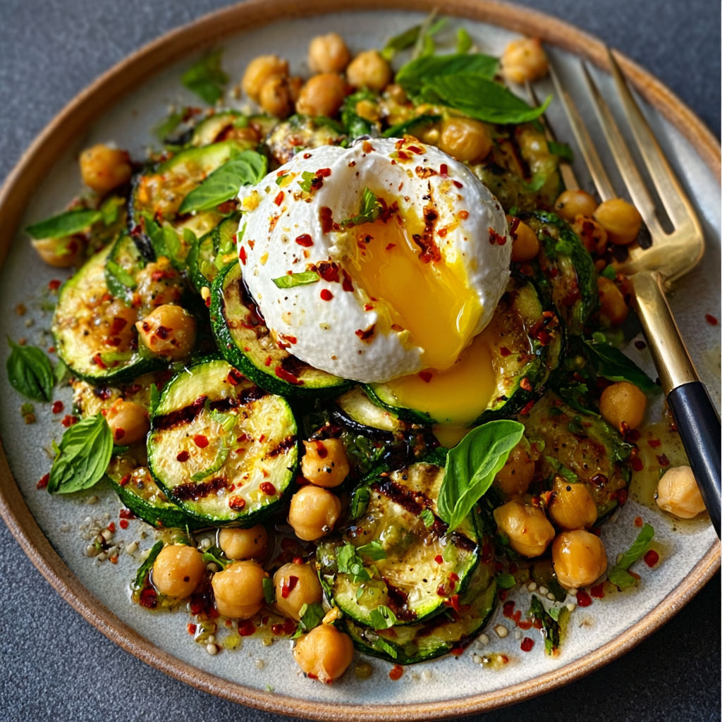 A plate of grilled zucchini chickpea salad with burrata and chili oil.