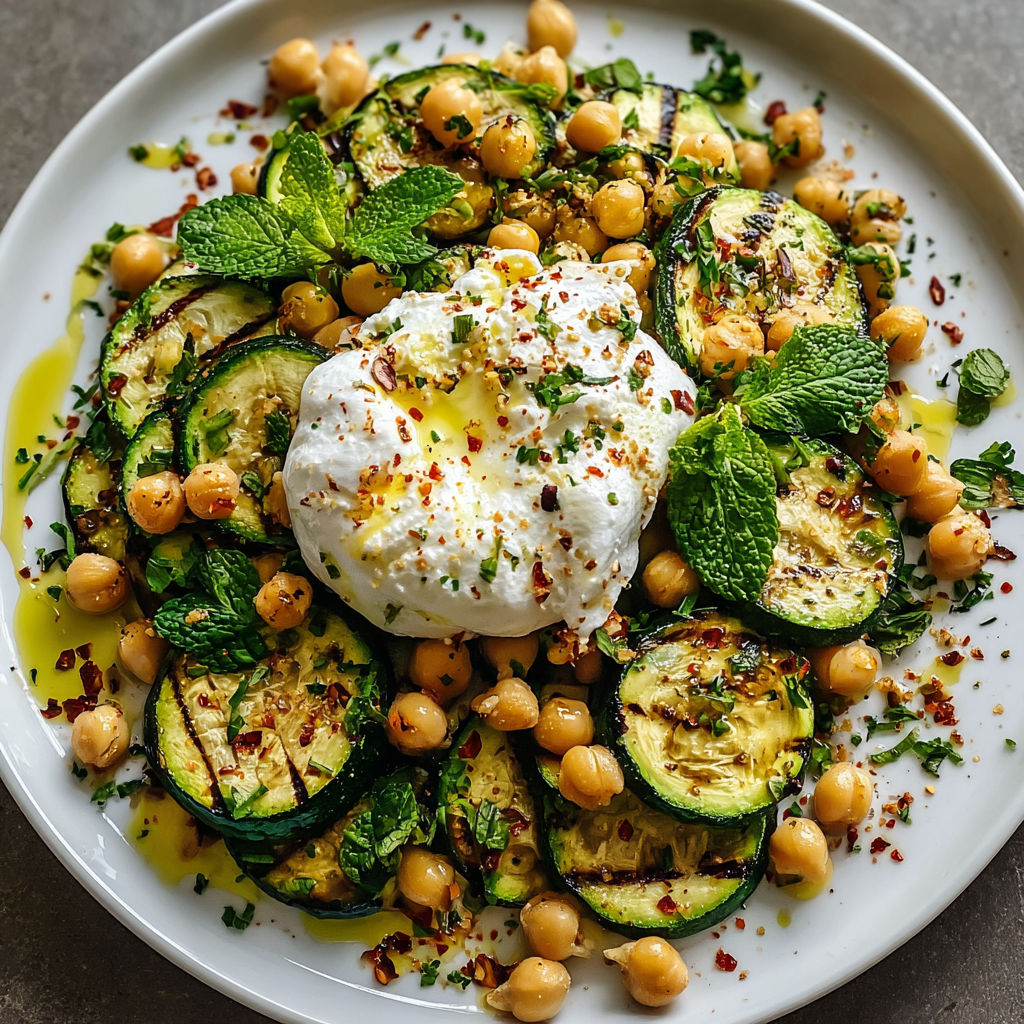 A plate of grilled zucchini chickpea salad with burrata and chili oil.