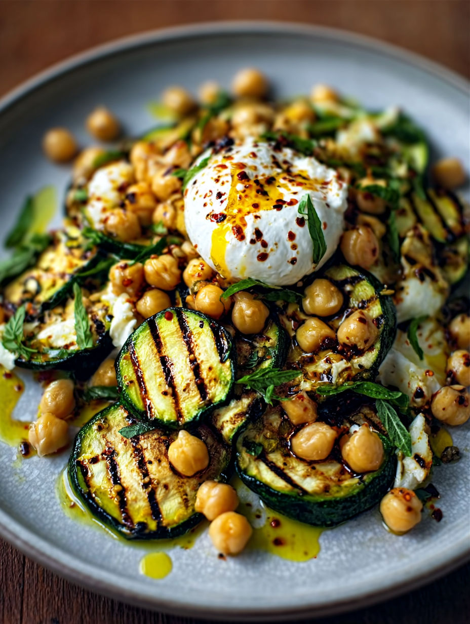A plate of grilled zucchini chickpea salad with burrata chili oil.
