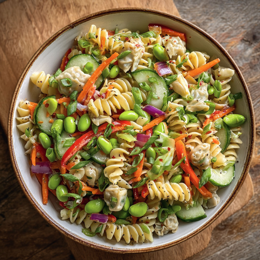 A bowl of Asian pasta salad.