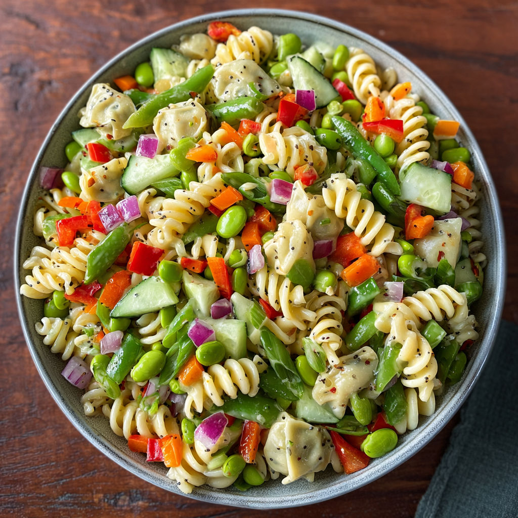 A bowl of Asian pasta salad.