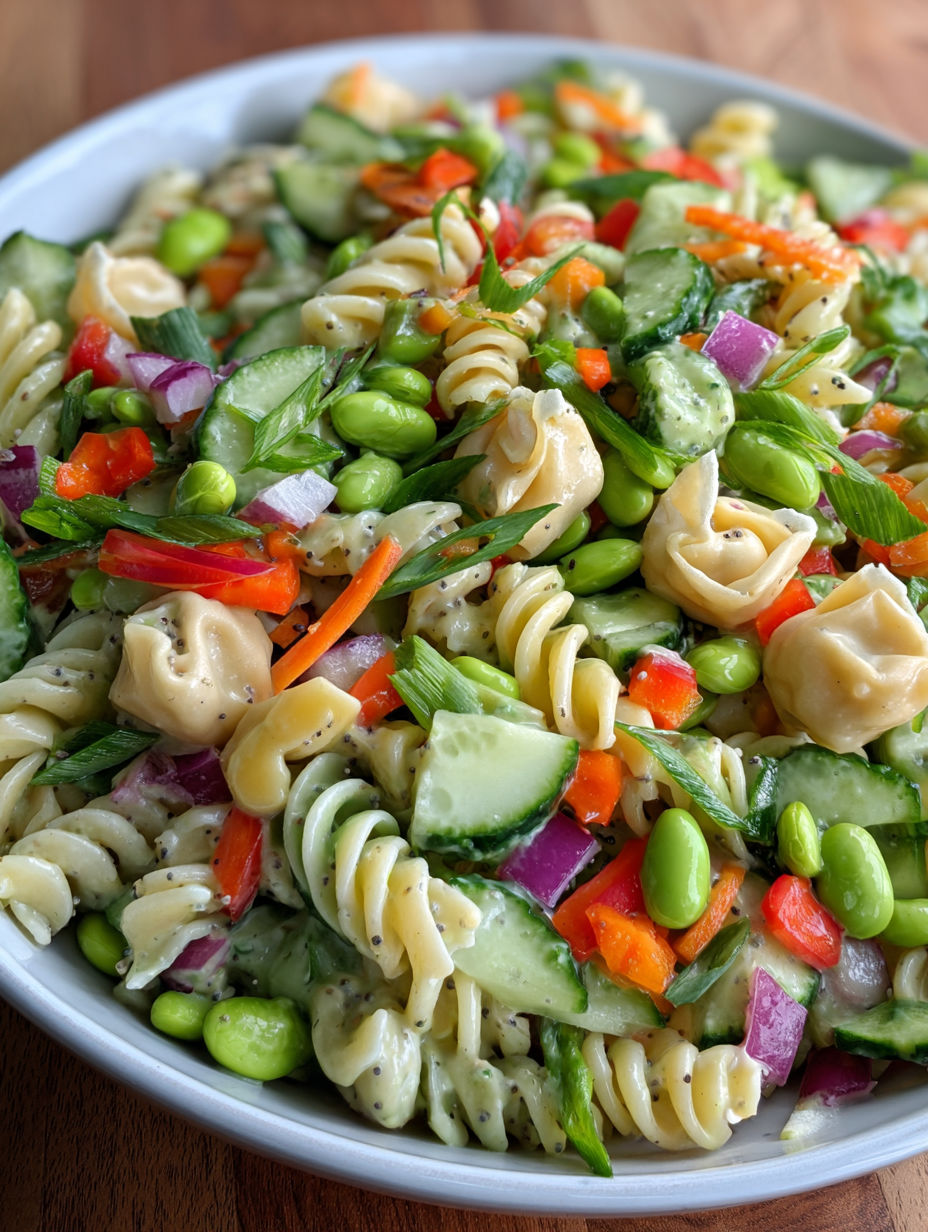 A bowl of Asian pasta salad with vegetables.