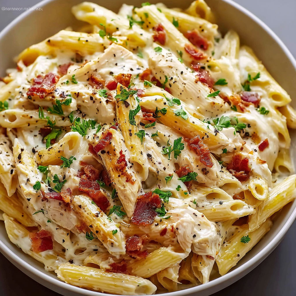 A bowl of pasta with chicken and cheese.