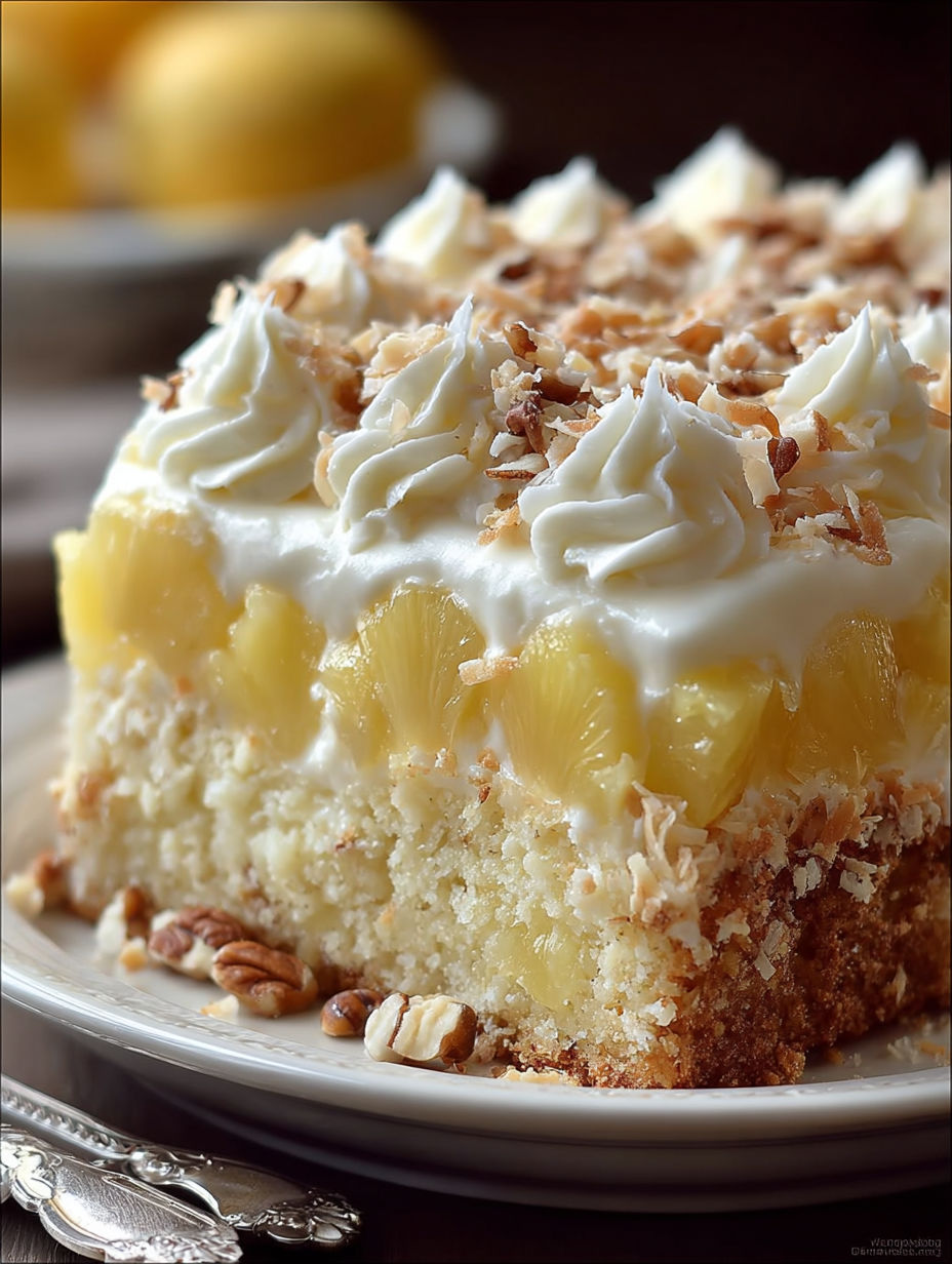 A slice of pineapple cake with white frosting.
