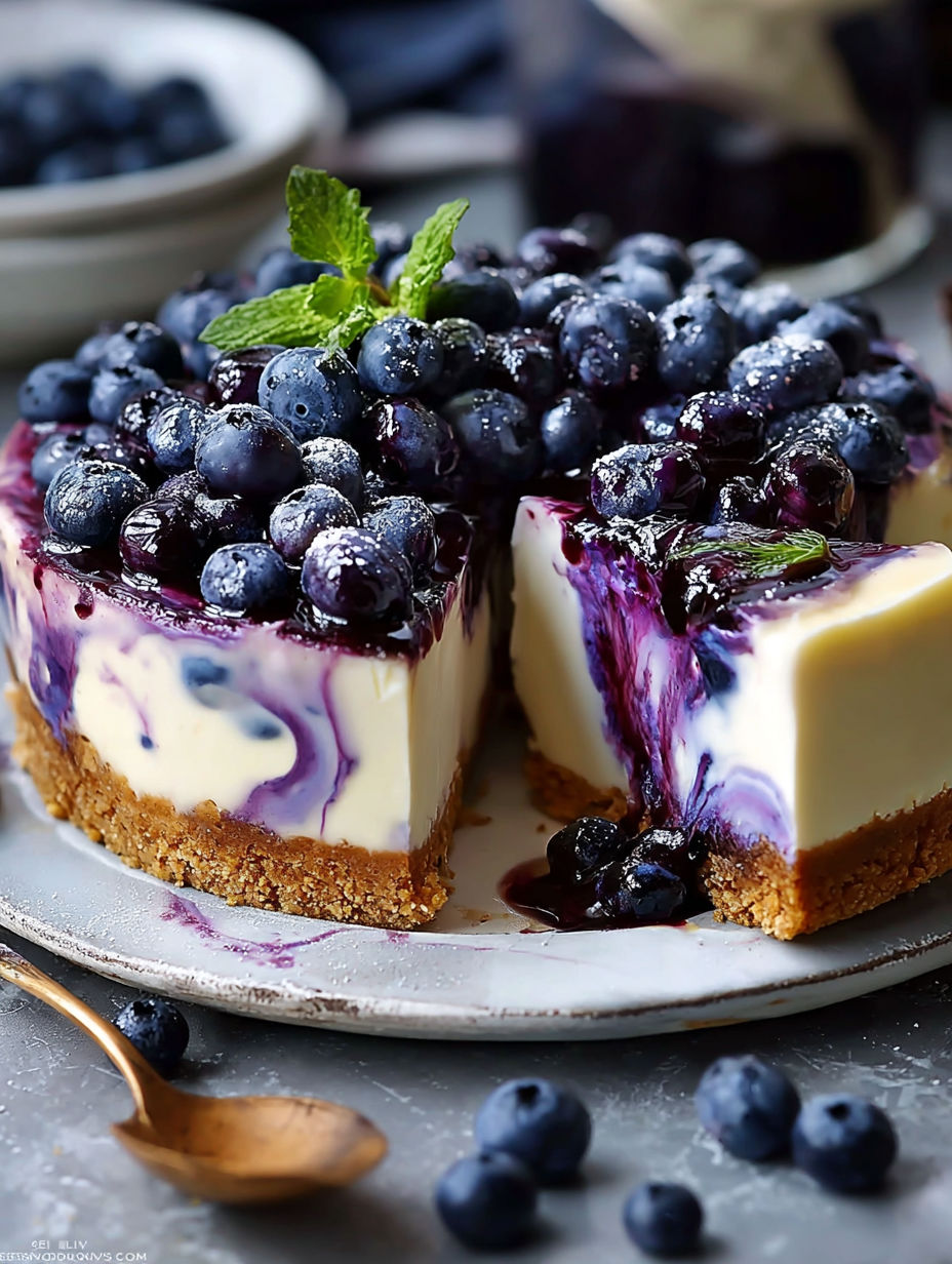 A slice of blueberry cheesecake on a plate.