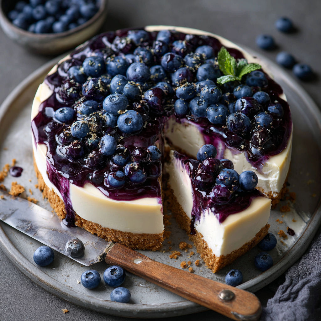 A slice of blueberry cheesecake on a plate.