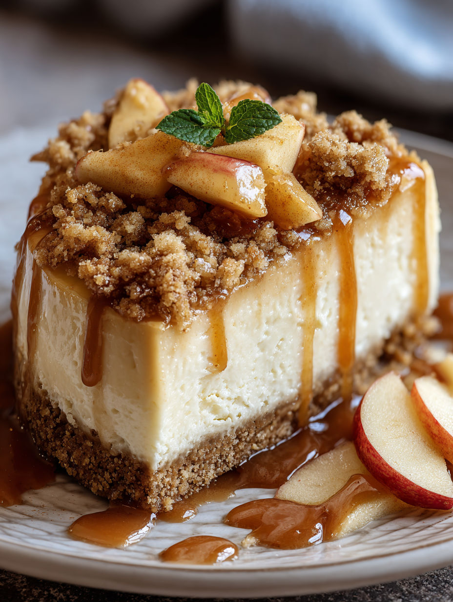 A slice of apple cheesecake with a cinnamon crumble on top.
