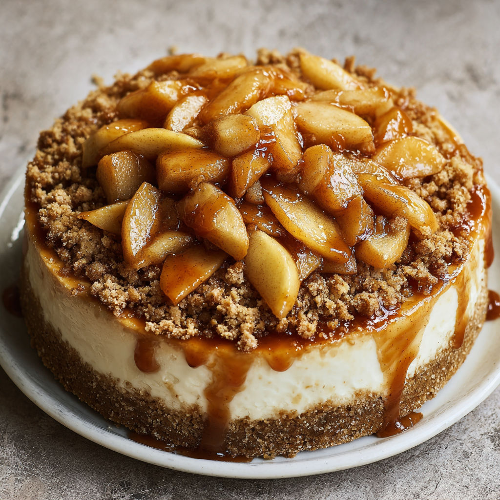 A slice of apple cheesecake with cinnamon crumble on a plate.