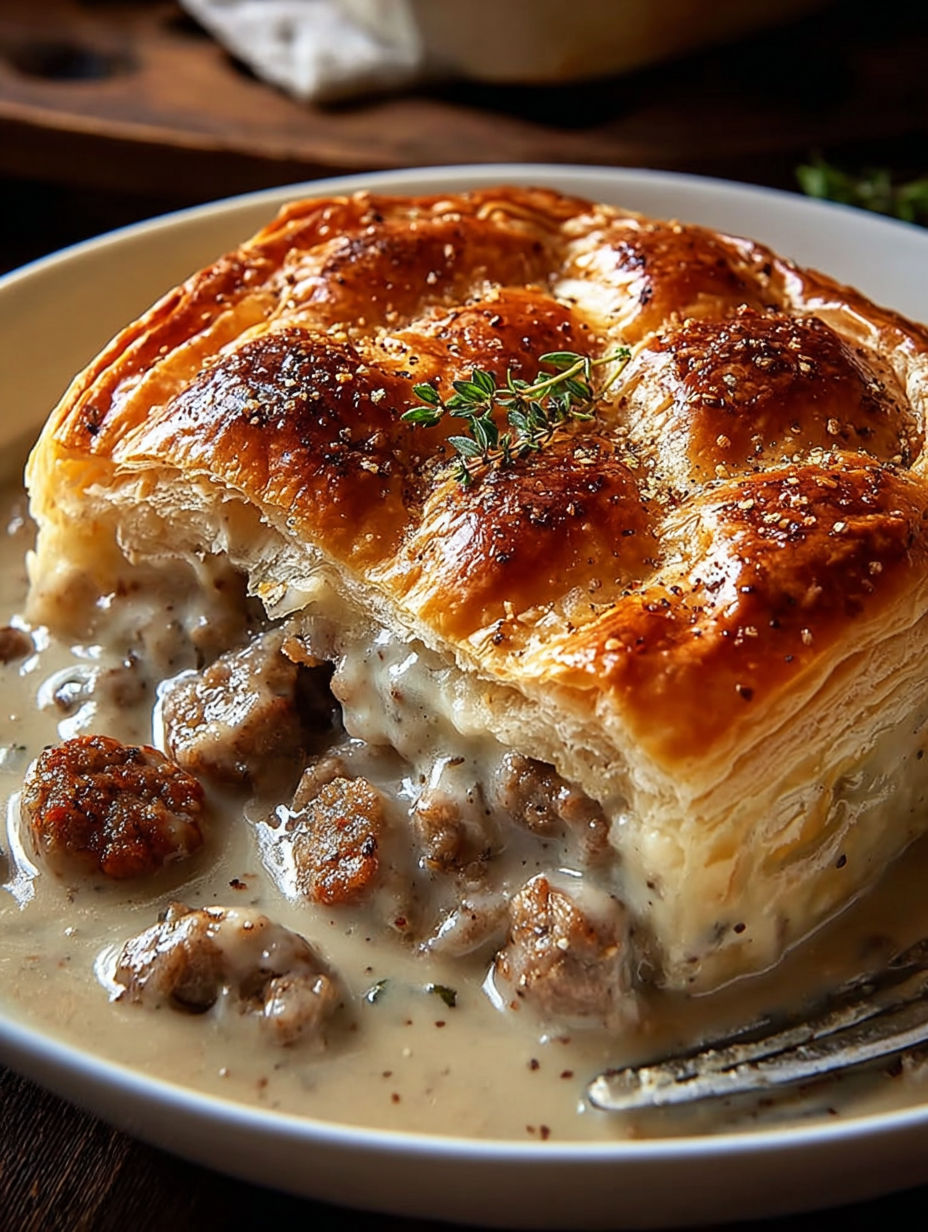 A piece of sausage gravy biscuit pie.