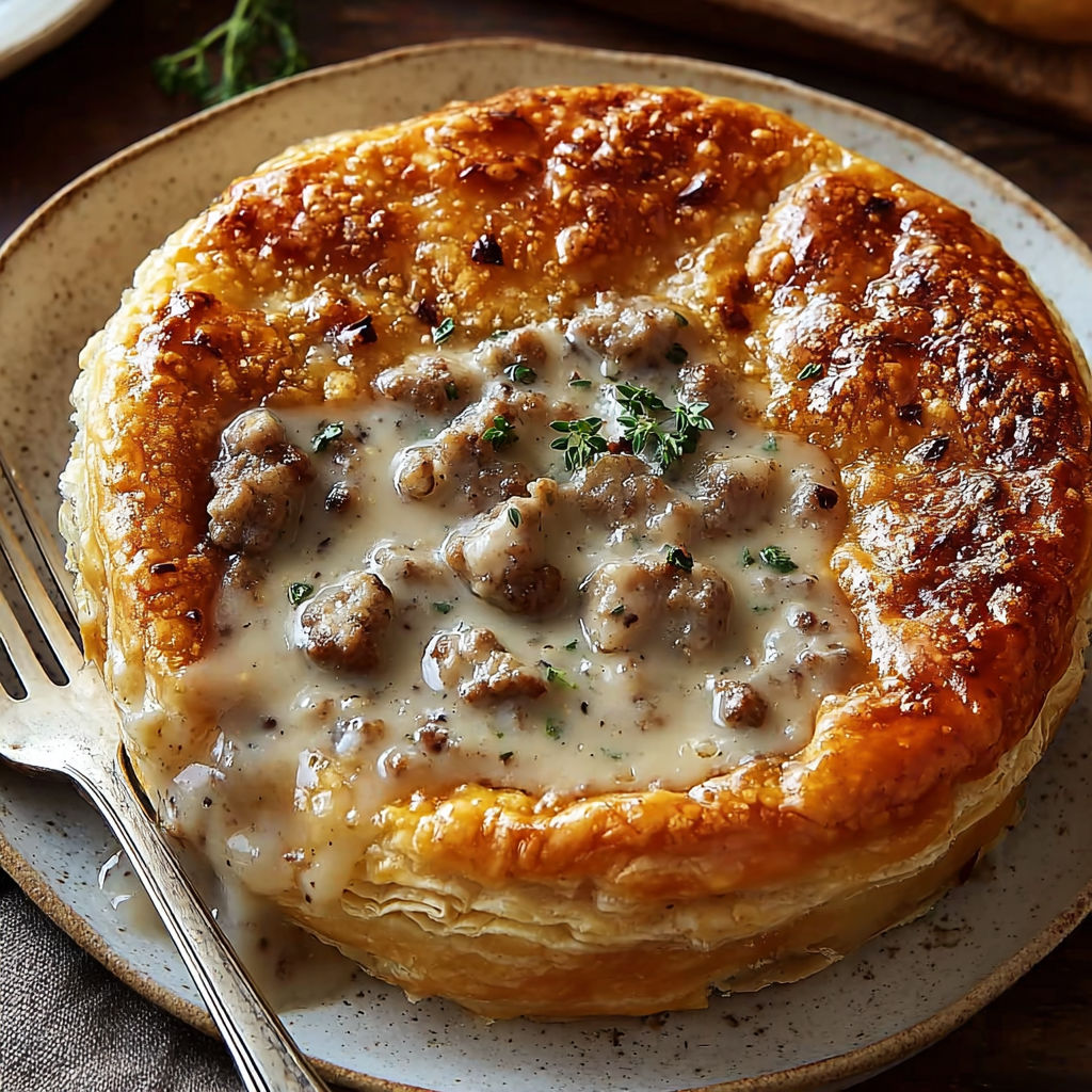 A sausage gravy biscuit pie on a plate.