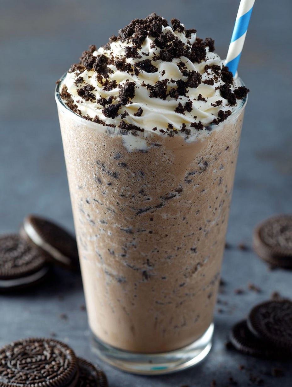 A glass of cookies and cream frappuccino.