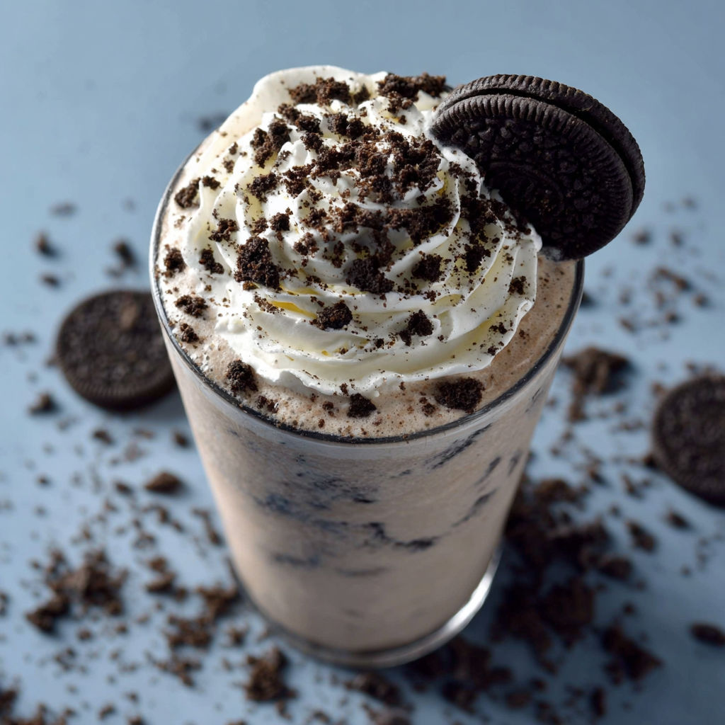 A glass of cookies and cream frappuccino.